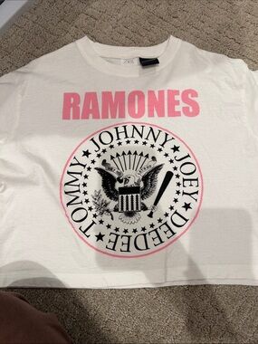 Zara White Tee with Pink RAMONES Graphic